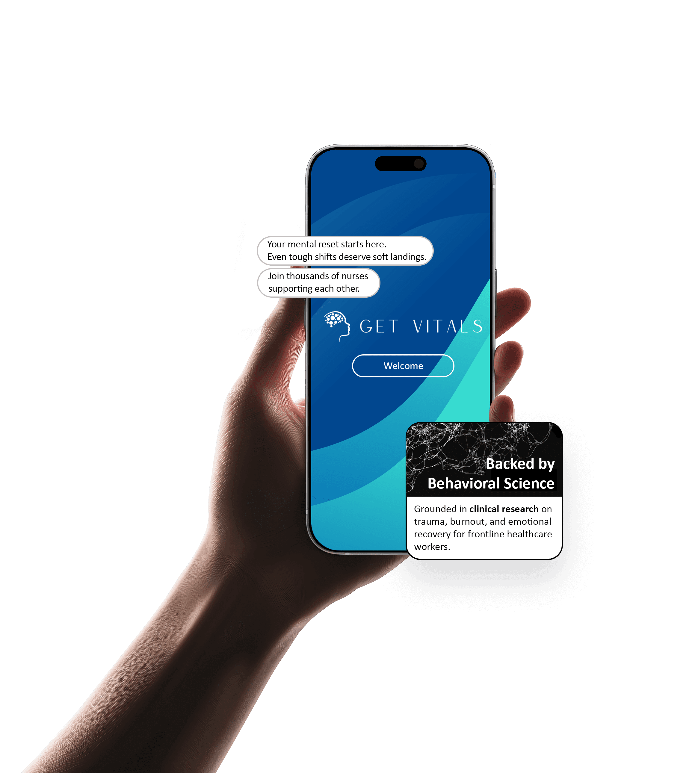 Hand holding smartphone with GetVitals app